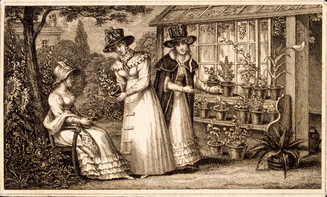 Three Ladies Gardening av The Potting Shed ca. 1820-tallet av English School