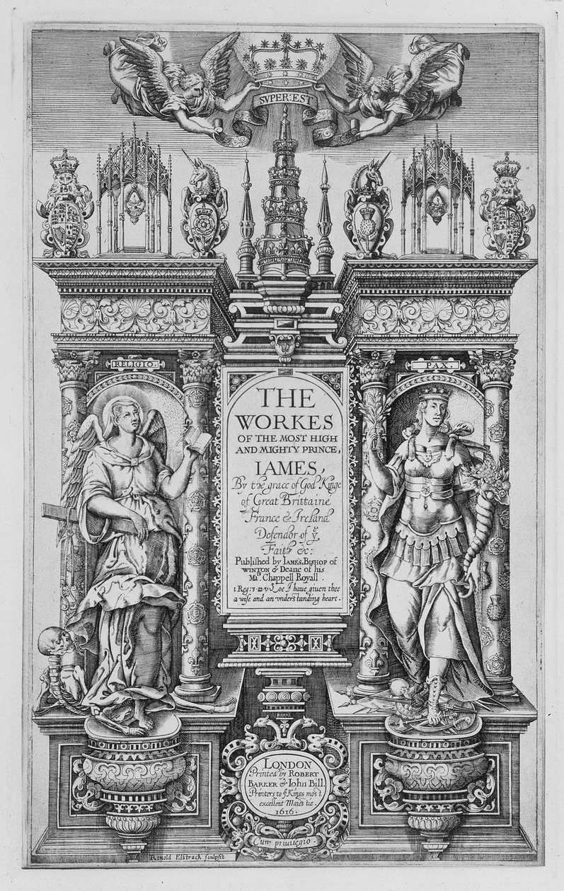 Tittelside til The Works of James I, gravert av Renold Elstrack (1571-c.1630) 1616 av English School