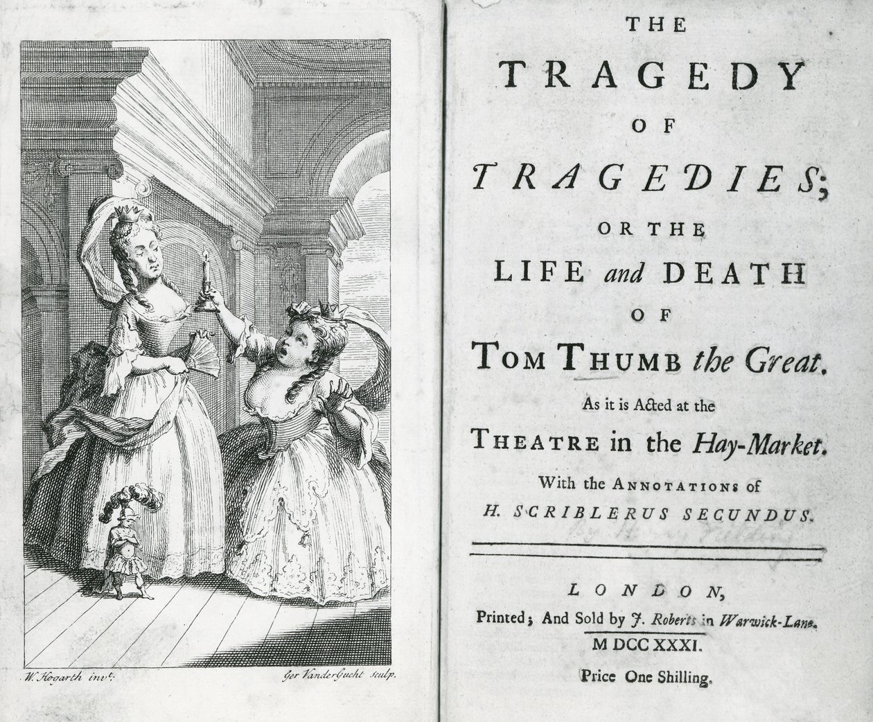 Tittelside til manuset til Tom Thumb, 1731 av English School