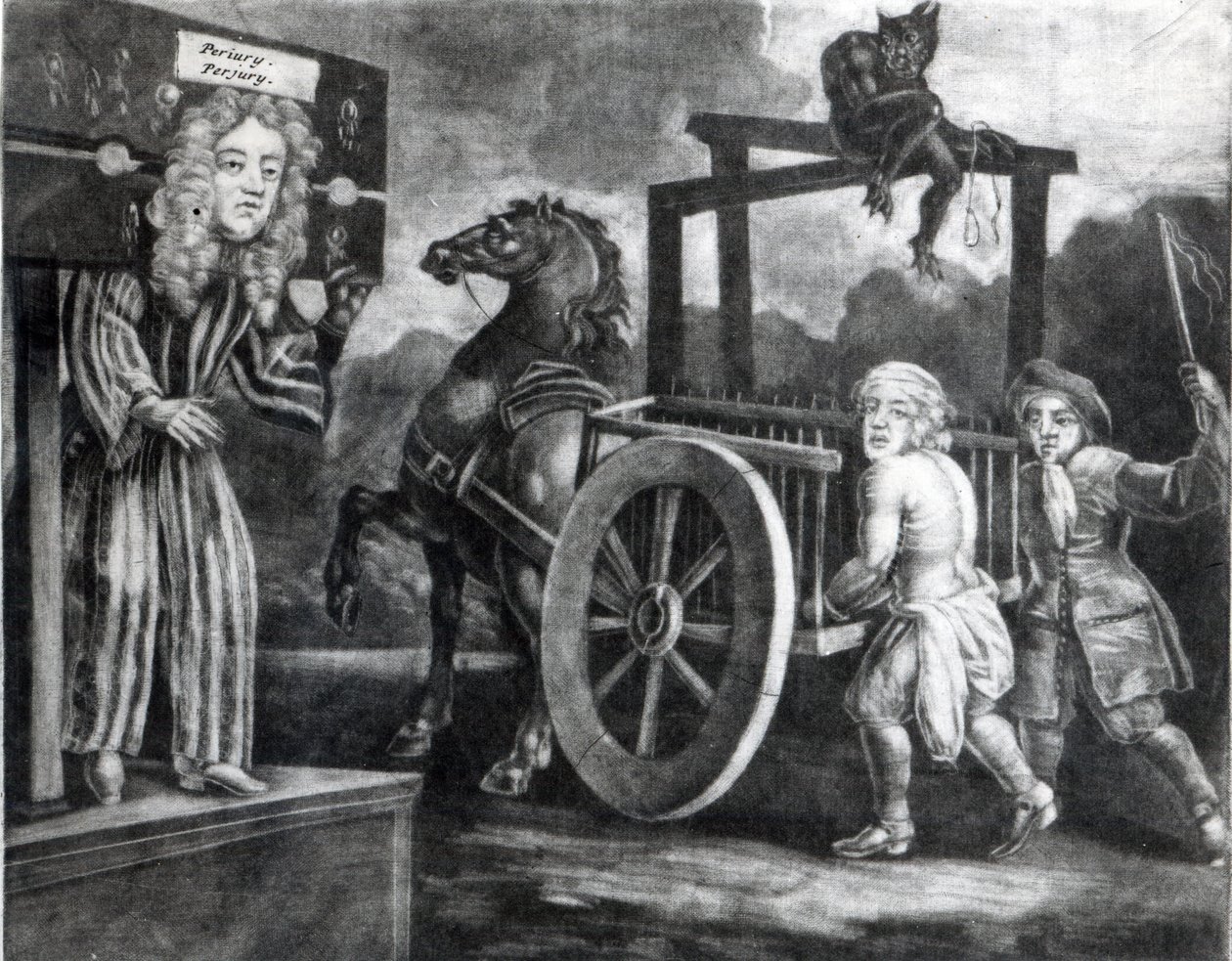 Titus Oates på den tredje dagen av sin straff i 1685, da han ble strippet, bundet til en vogn og pisket fra Aldgate til Newgate av English School