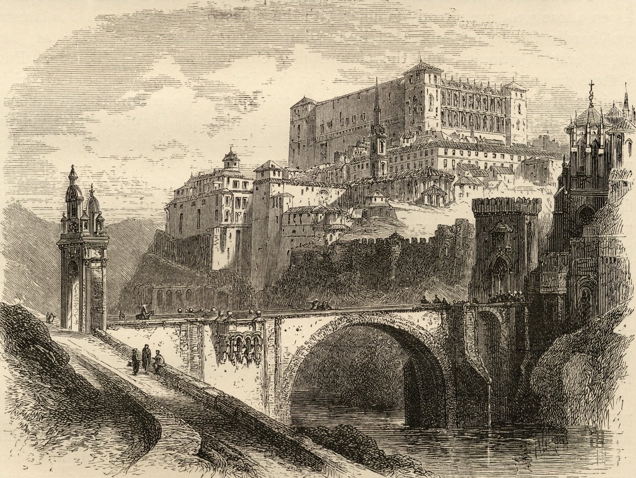 Toledo, Spania, illustrasjon fra 'Spanish Pictures' av pastor Samuel Manning av English School