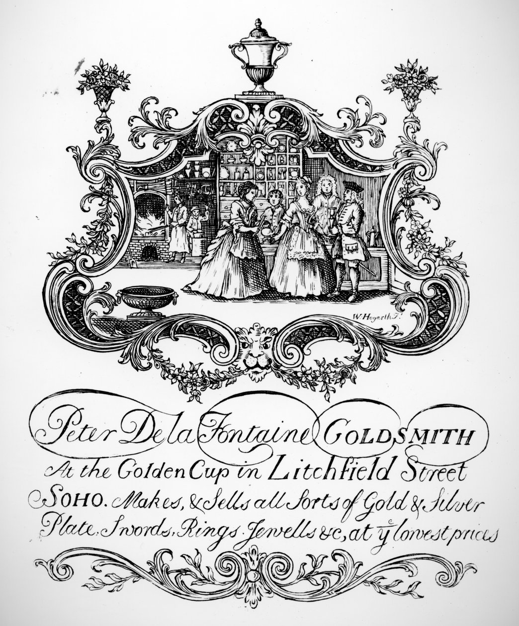 Handelskort for Peter De la Fontaine, gullsmed, ca. 1790-tallet av English School