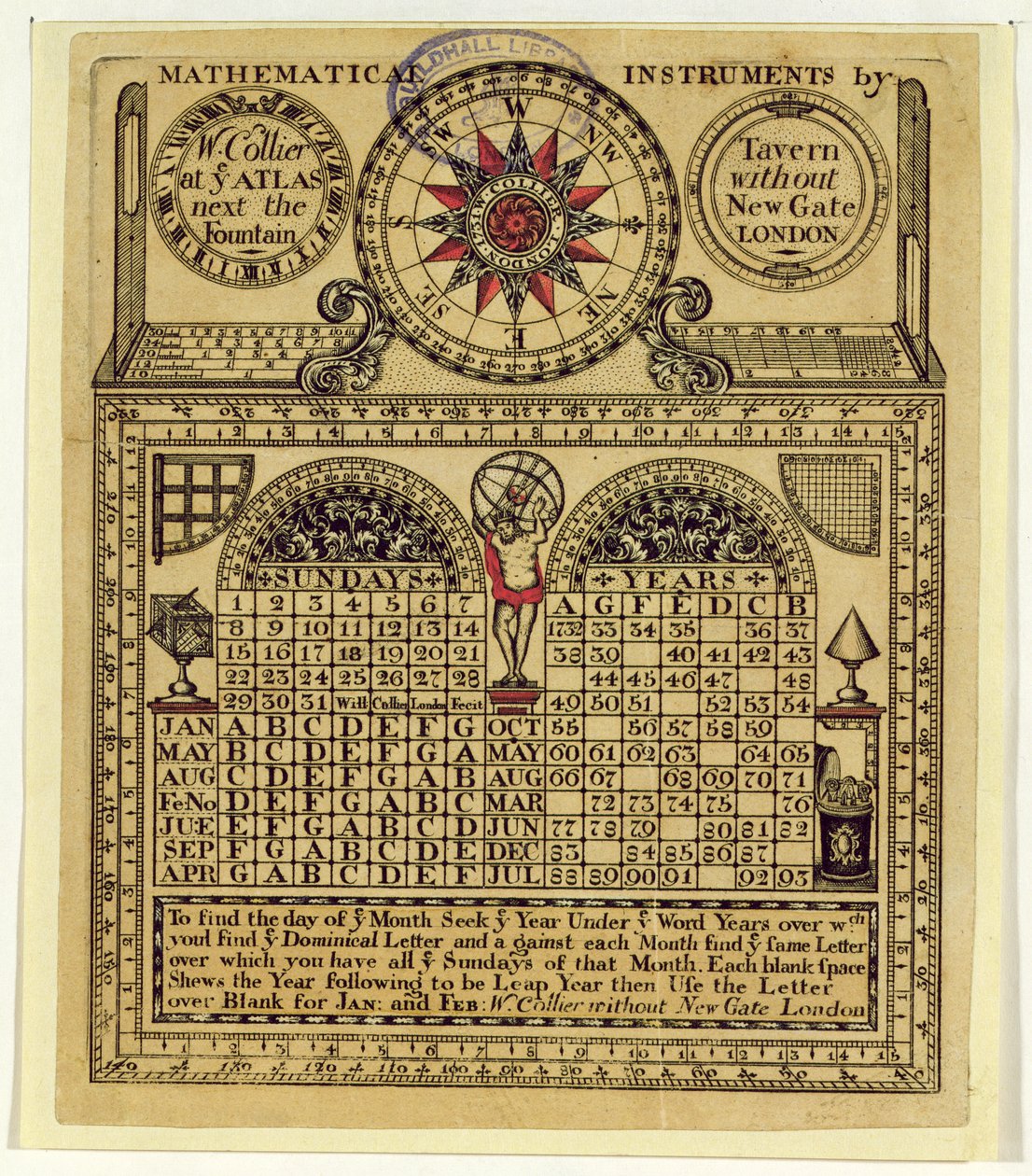 Handelskort fra W. Collier, produsent av matematiske instrumenter, 1731 av English School