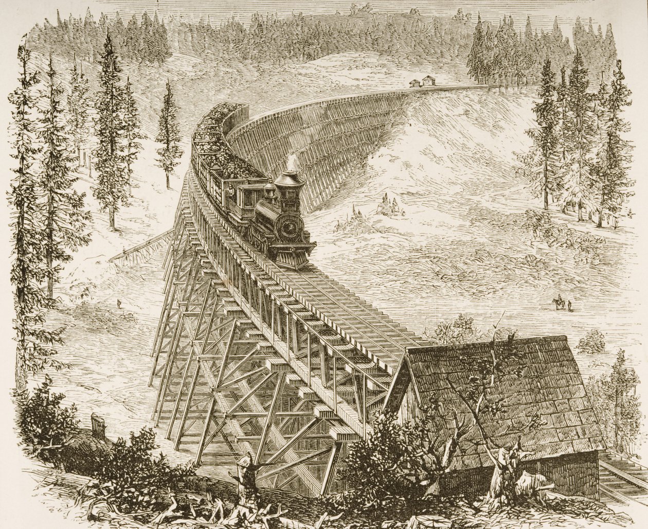 Trestle Bridge on the Pacific Railway, Sierra Nevada, ca. 1870, fra 'American Pictures', utgitt av The Religious Tract Society, 1876 av English School