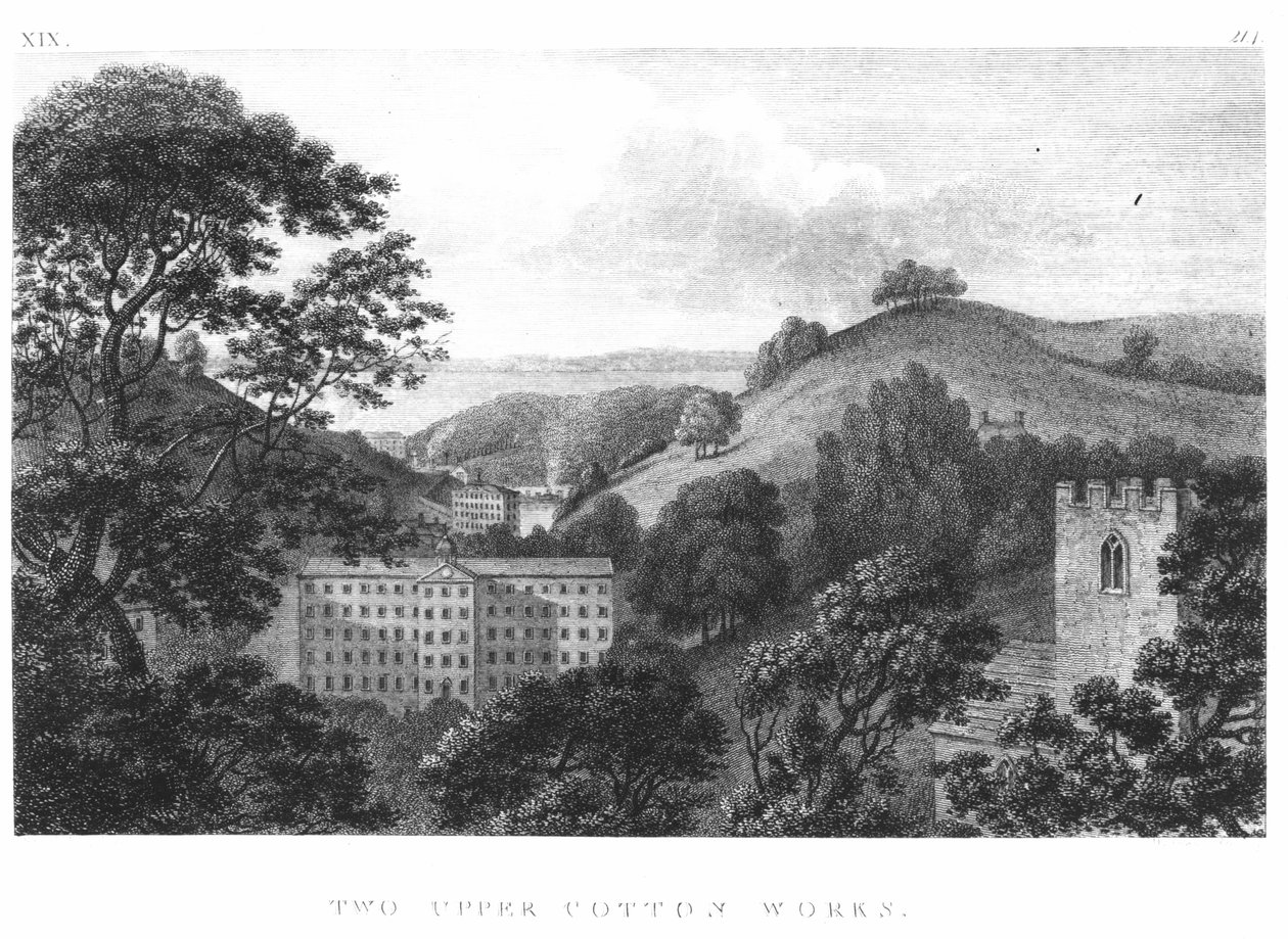 To Upper Cotton Works, New Lanark tekstilfabrikker, 1796 av English School