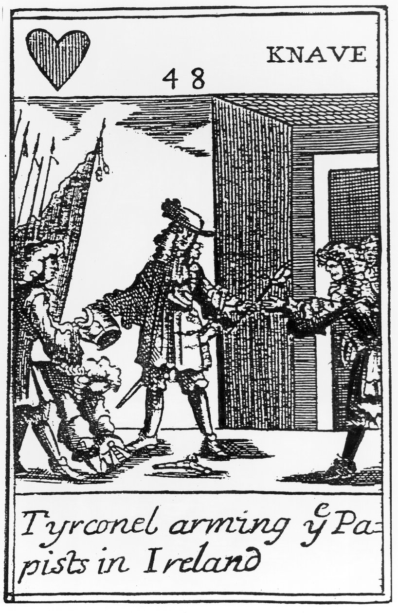 Tyrconnel Arming the Papists in Ireland, anti-katolsk spillkort til minne om den strålende revolusjonen i 1688 (se 115649) av English School