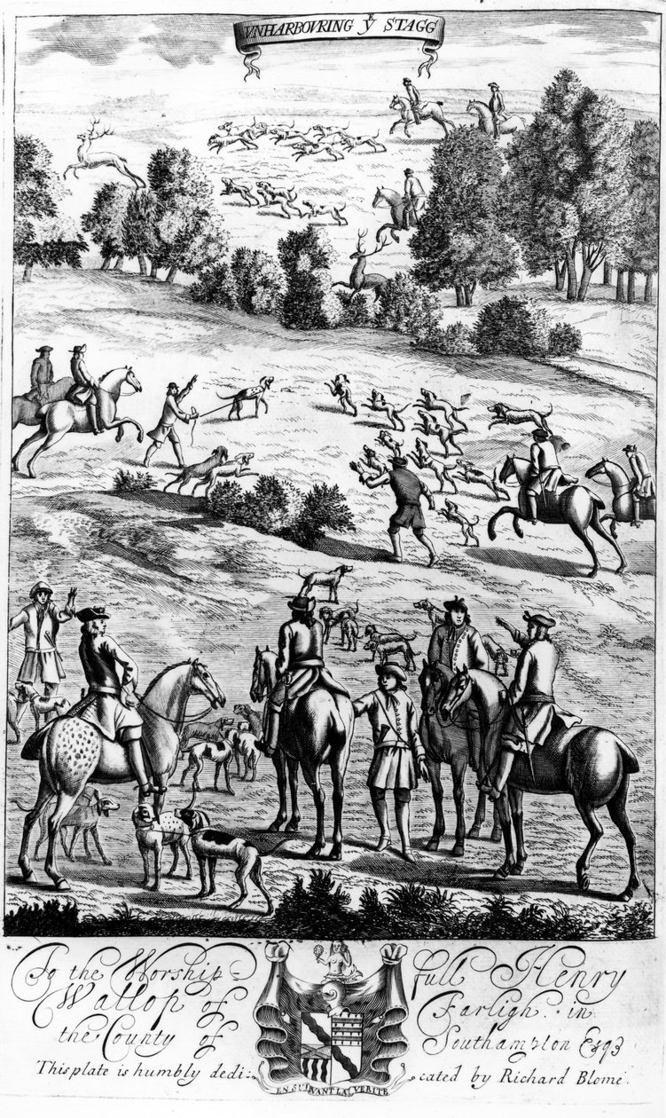 Unharbouring ye Stagg, fra 'The Gentleman's Recreation' utgitt av Richard Blome, 1686 av English School