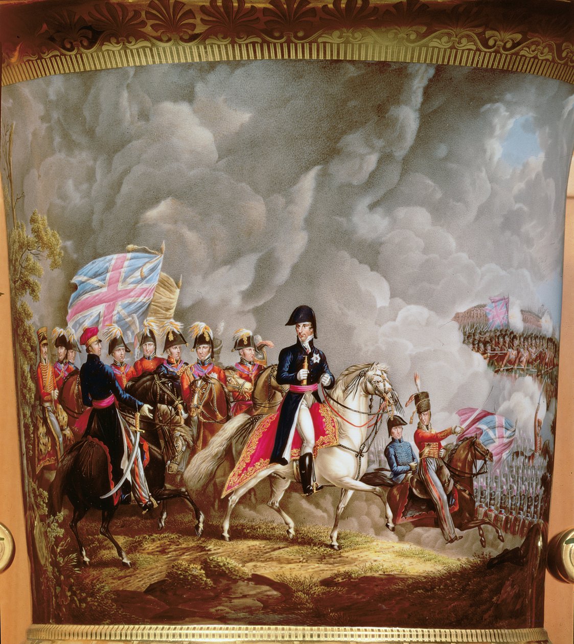 Vase med skildring av Wellington og hans offiserer i slaget ved Waterloo i 1815 (keramikk) av English School