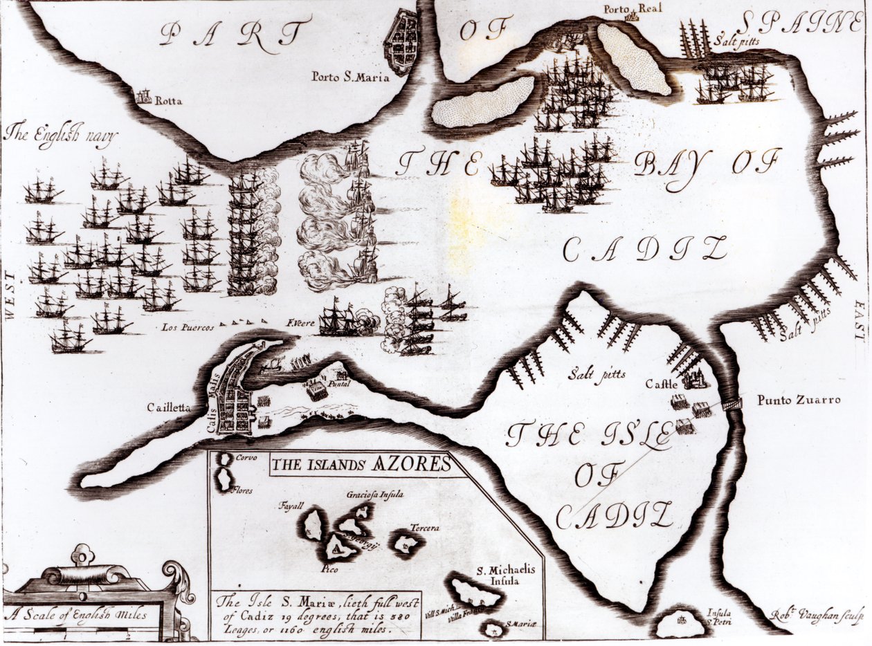 Seier for den engelske kongelige marinen i Cadiz-bukten, gravert av Robert Vaughan (fl.1622-78) av English School
