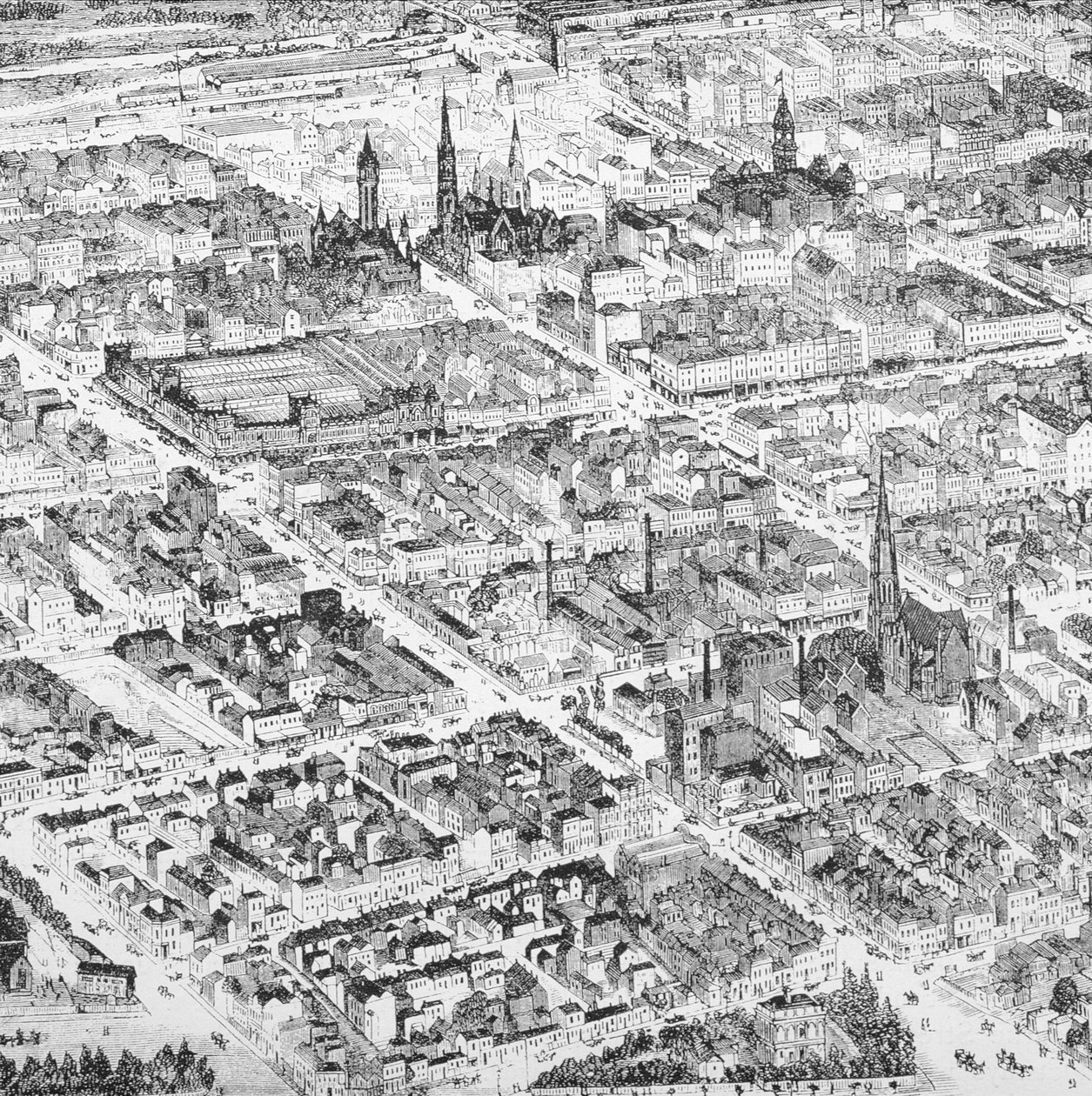 Utsikt over Melbourne sentrum, Australia, fra "Australian Pictures", pub. av The Religious Tract Society, 1886 av English School