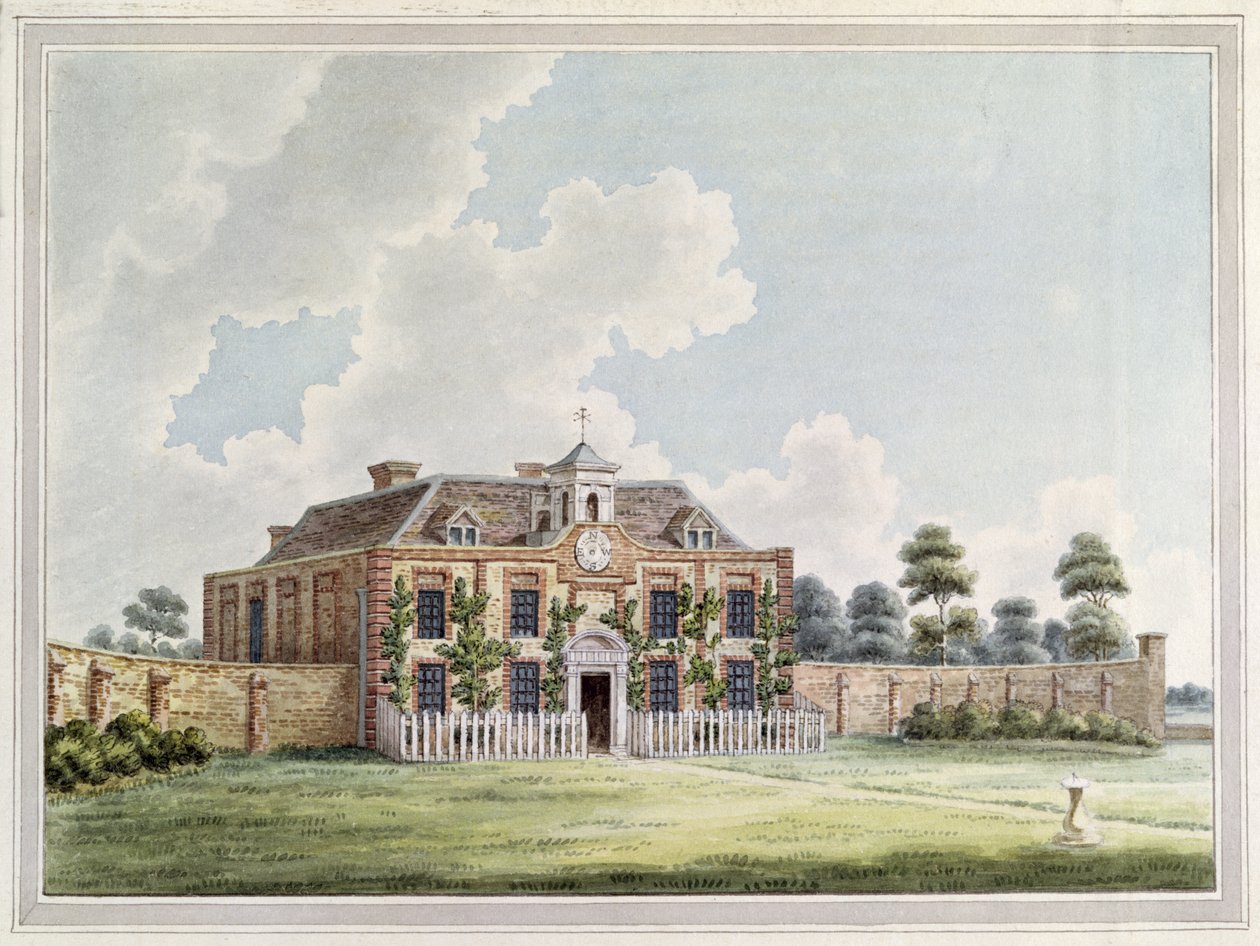 Utsikt over Dawley House, Harlington, Middlesex, ca. 1820 (fargegravering) av English School