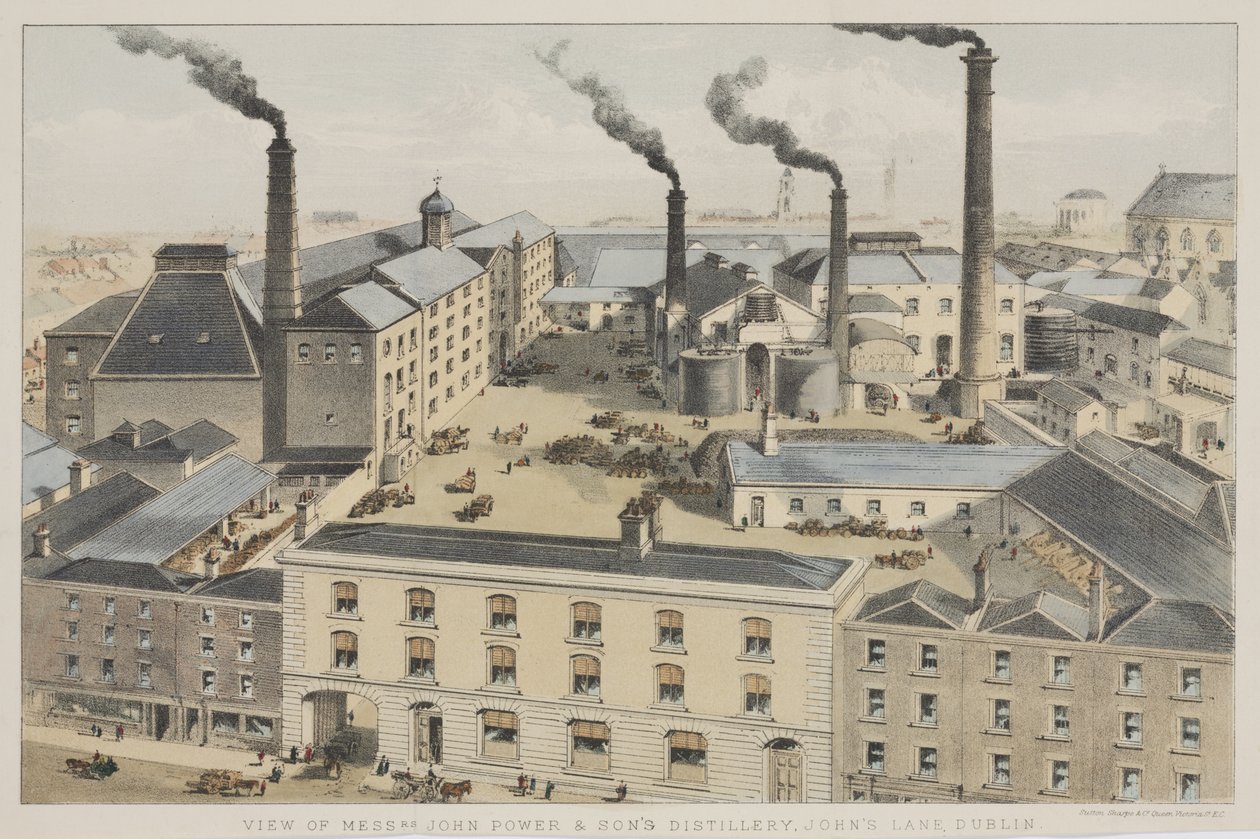 Utsikt over Mrs. John Power & Sons Distillery, Johns Lane, Dublin, ca. 1845 av English School