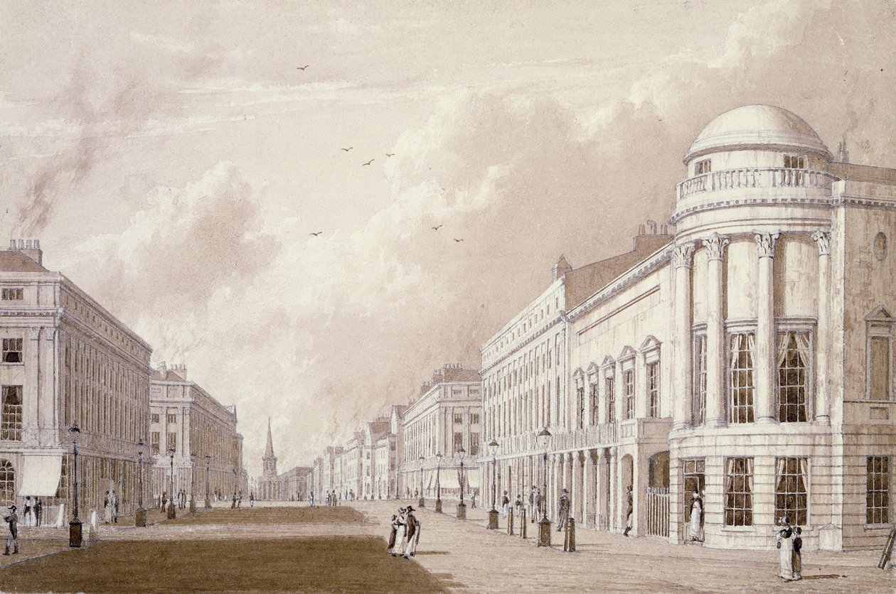 View of Regent Street, 1825 (blekkblyantvask på papir) av English School