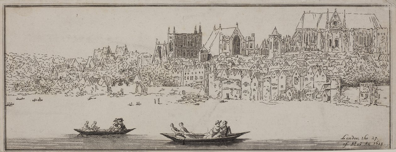 Utsikt over Westminster Abbey og Palace of Westminster fra Themsen med båter i forgrunnen, ca. 1750 (etsing og akvatint) av English School