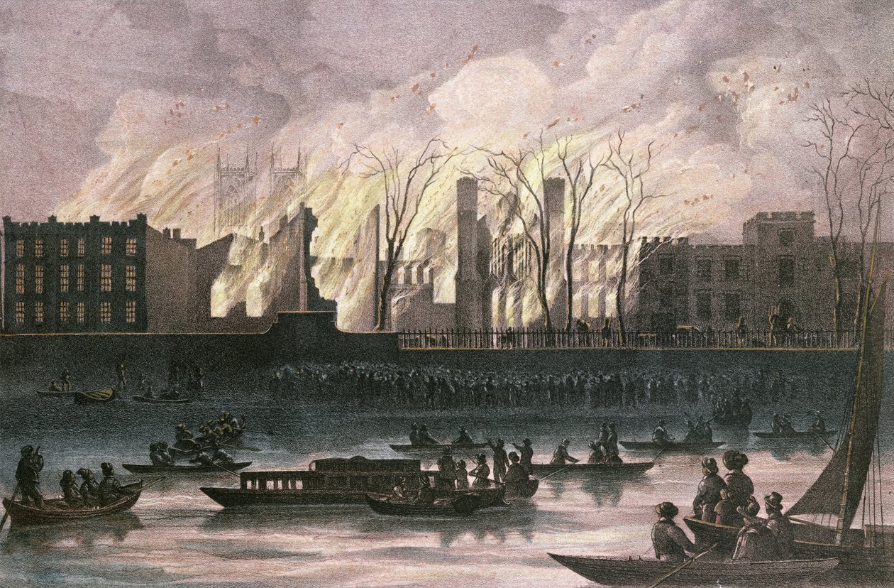 Utsikt over en brann ved Whitehall Palace (pastell på papir) av English School