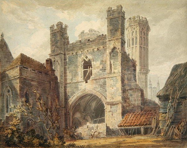 Utsikt over et ødelagt landsted, 1853-84 av English School