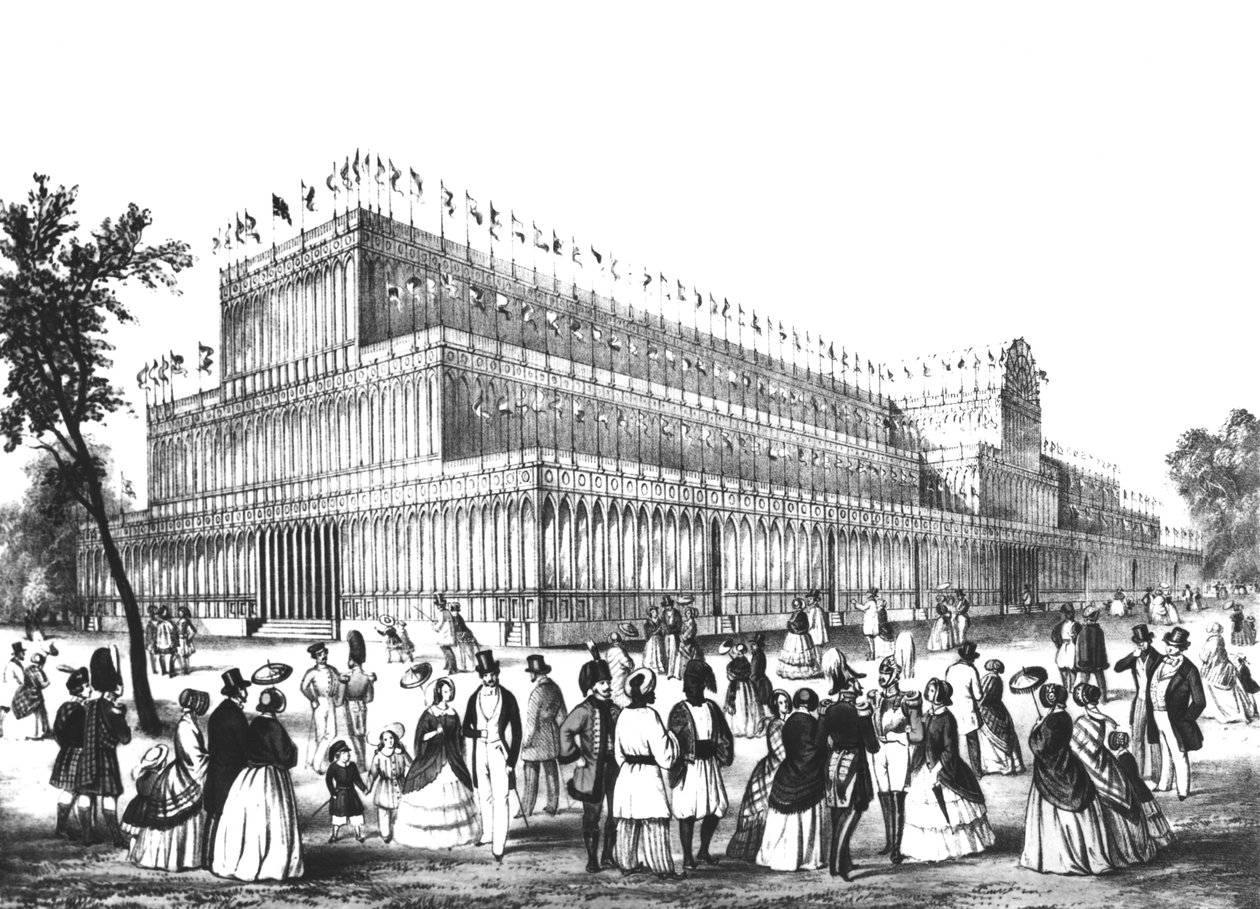 Utsikt over utsiden av Crystal Palace, bygget for den store utstillingen i 1851 av English School