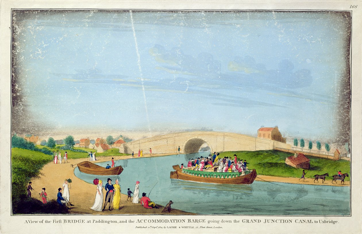 Utsikt over First Bridge, Paddington og overnattingslekteren som går ned Grand Junction Canal til Uxbridge, 1801 av English School