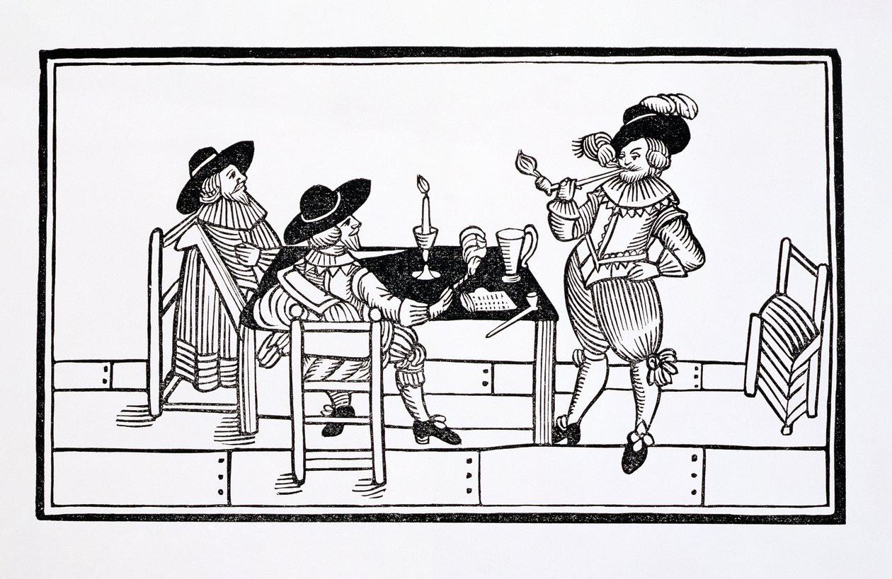 Vindyrkere i et Tudor-ølhus, fra et broadsheet Health to All, 1642 av English School