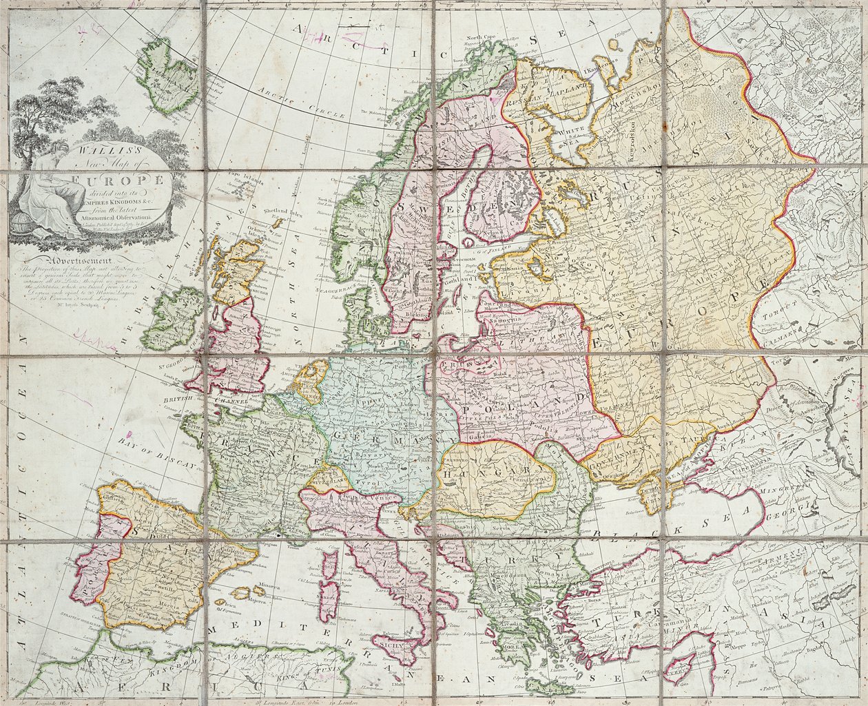 Wallis' nye kart over Europa delt inn i dets Empires Kingdoms undc, 1789 (håndfarget gravering) av English School