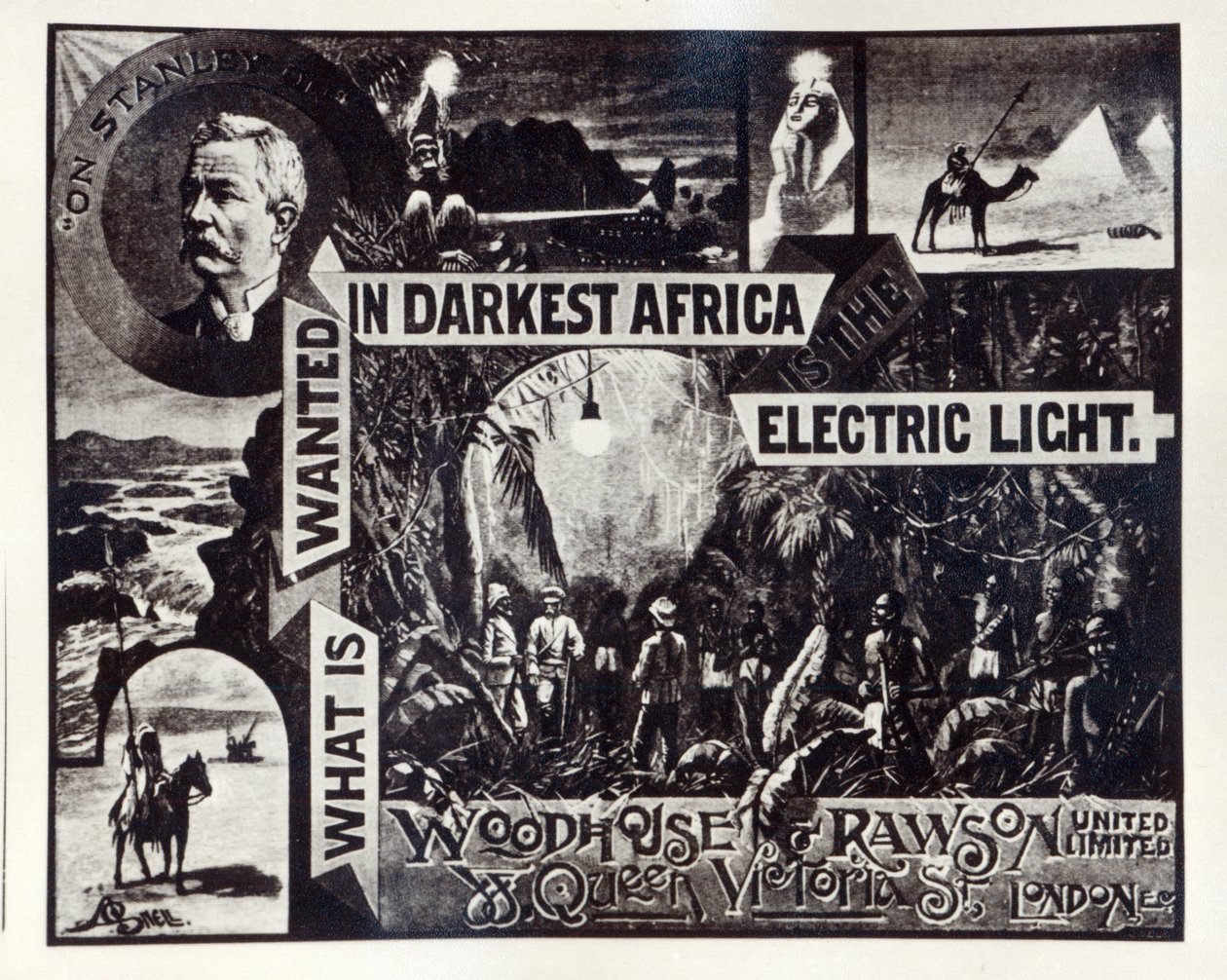 «What is Wanted in Darkest Africa is the Electric Light», reklame for Woodhouse und Rawson ltd av English School