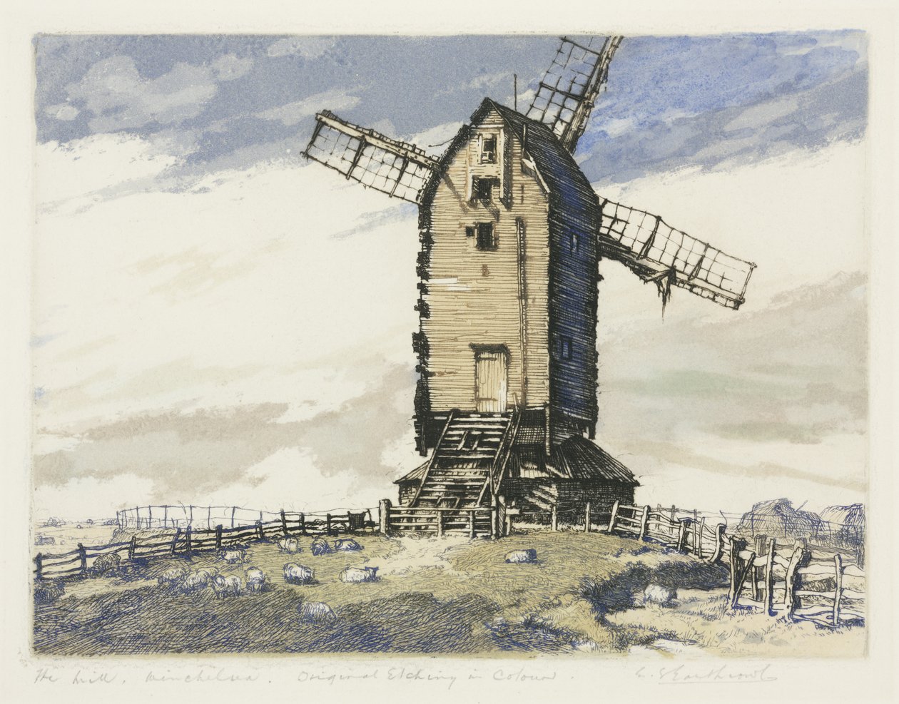 Vindmølle, Winchelsea, East Sussex (farget mezzotint) av English School