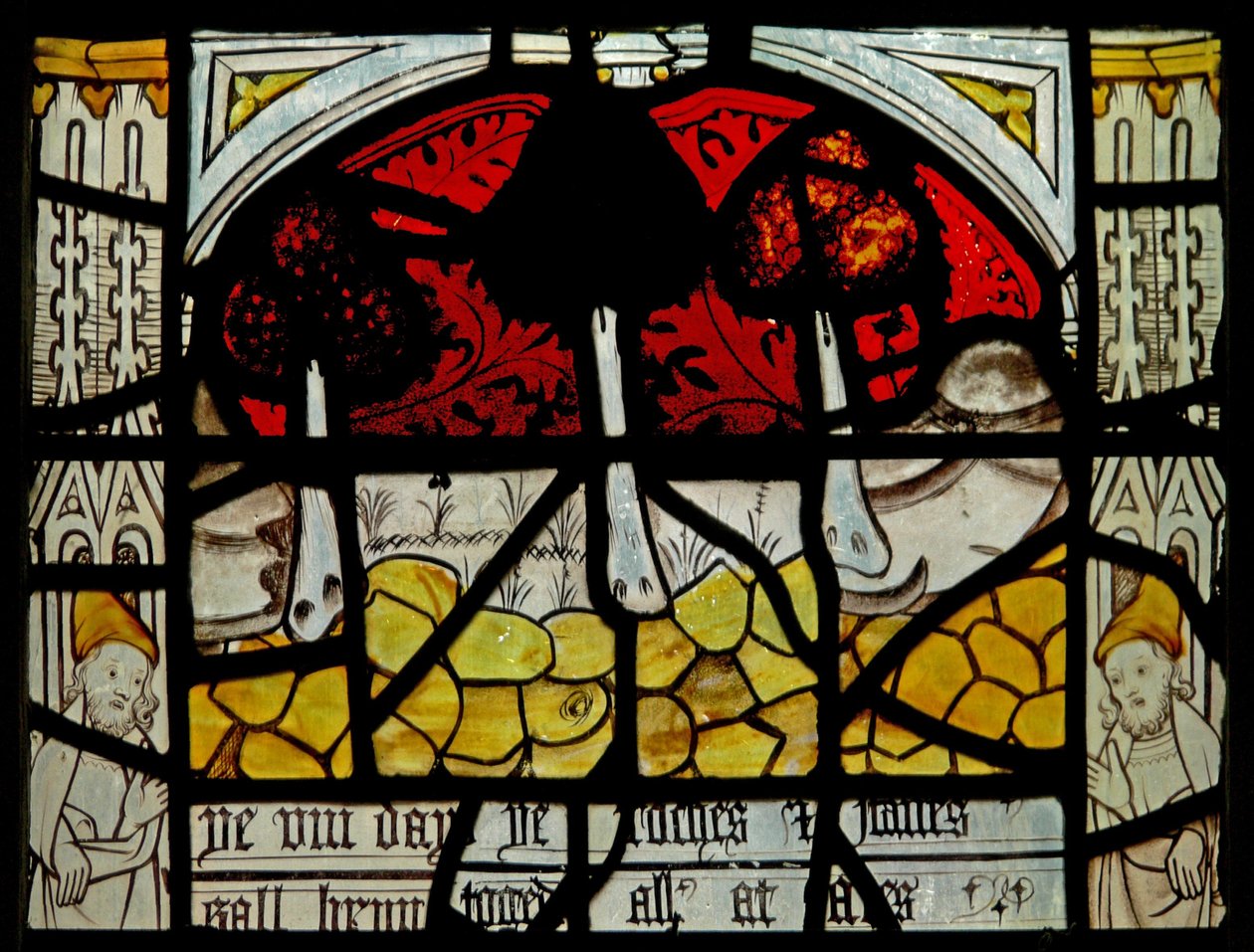 Vindu N3 som viser verdens siste femten dager (Pryke of Conscience-vinduet): jorden svelger steiner (farget glass) av English School