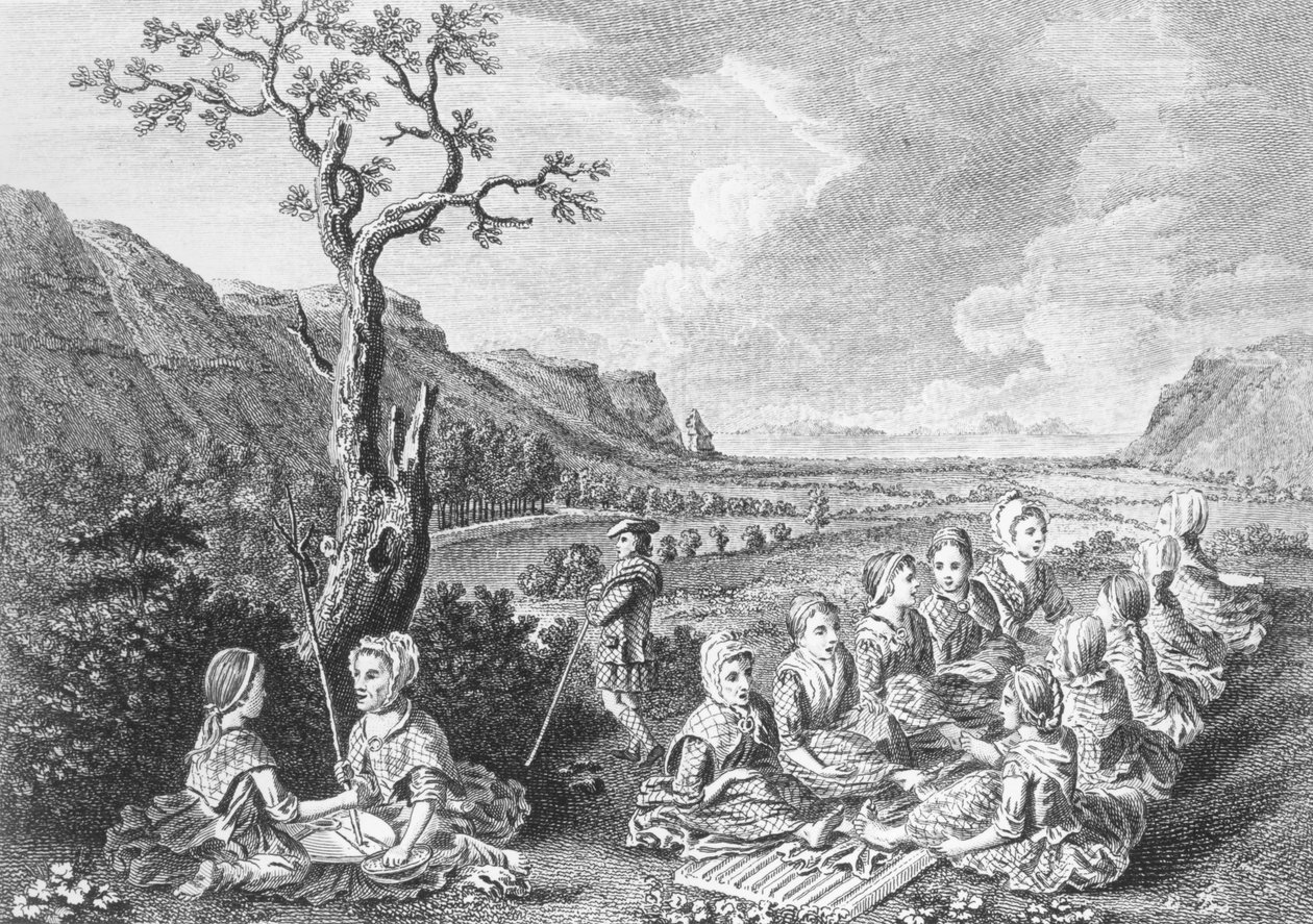 Kvinner ved Quern og Luaghad med utsikt over Talyskir, fra "A Tour in Scotland" av English School