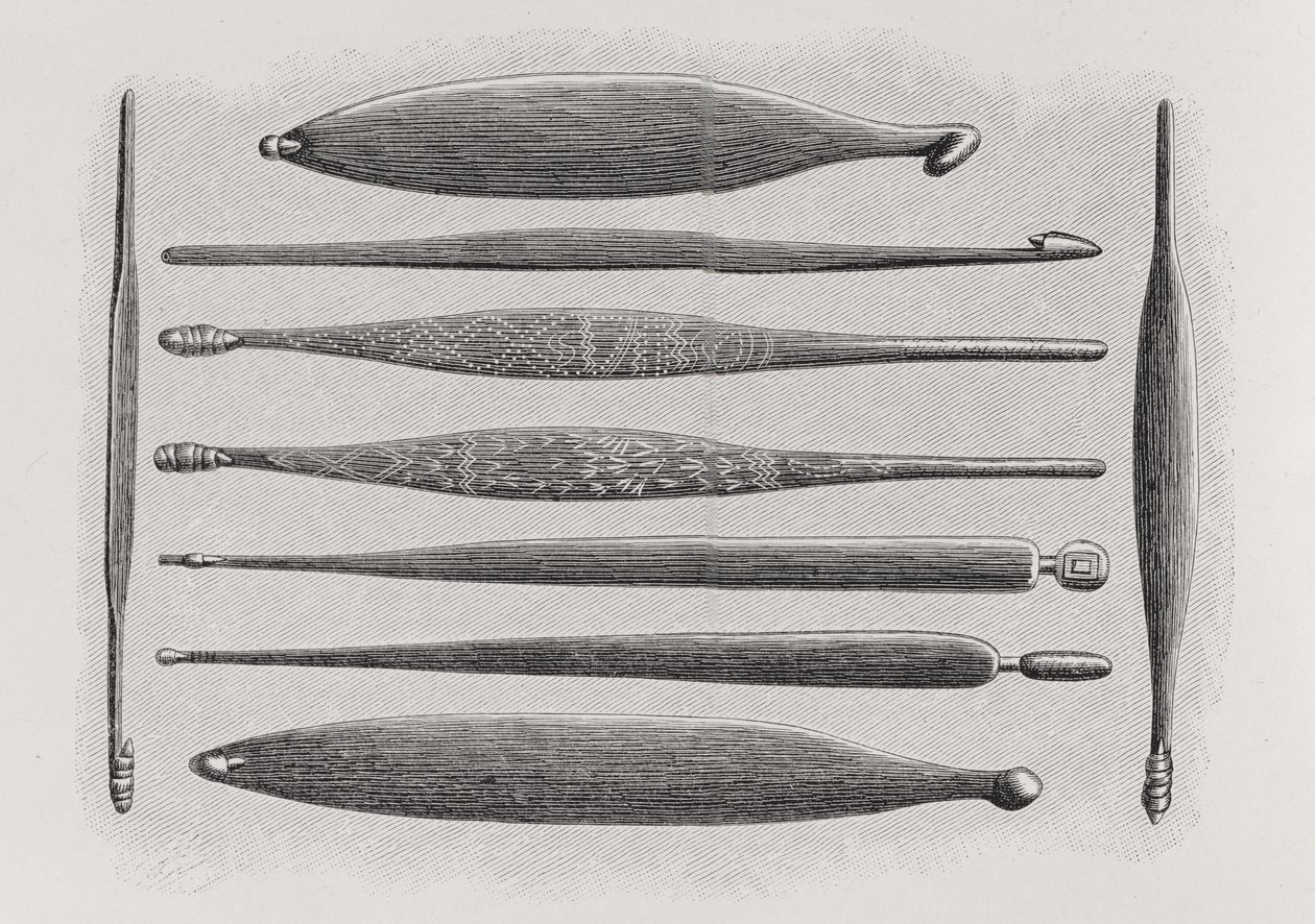 Wommeras eller kastepinner av australierne, fra The History of Mankind, Vol.1, av Prof. Friedrich Ratzel, 1896 av English School