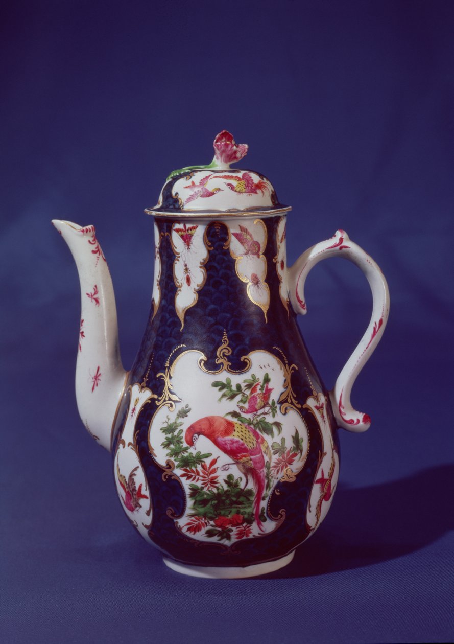 Worcester kaffekanne, dekorert med paradisfugler, ca. 1750 (porselen) av English School