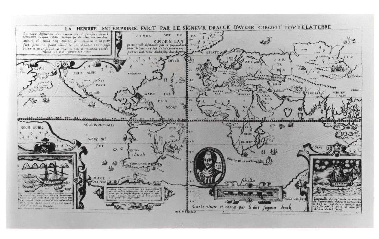 Verdenskart som viser ekspedisjonene og den globale omseilingen til Sir Francis Drake (ca. 1540-96) 1577-2580 av English School