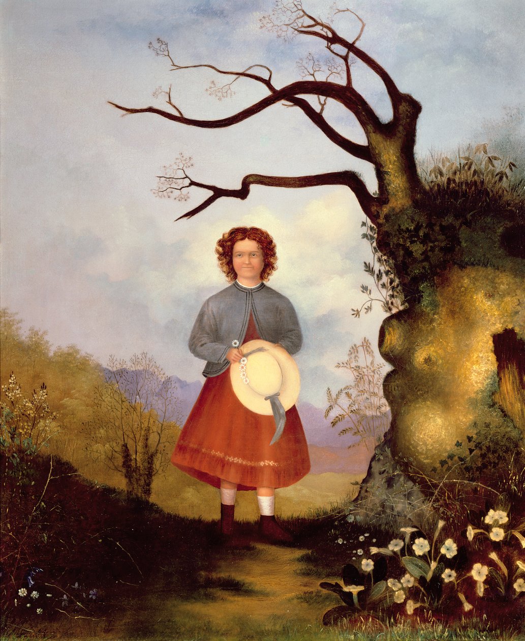 Ung jente i et landskap med primula, ca. 1850 av English School