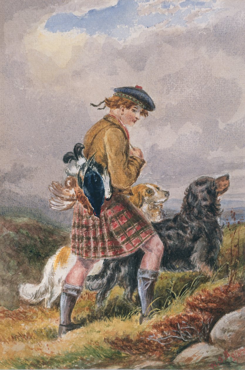 Ung skotsk viltvokter med dødt vilt, ca. 1865 (wc på papir) av English School