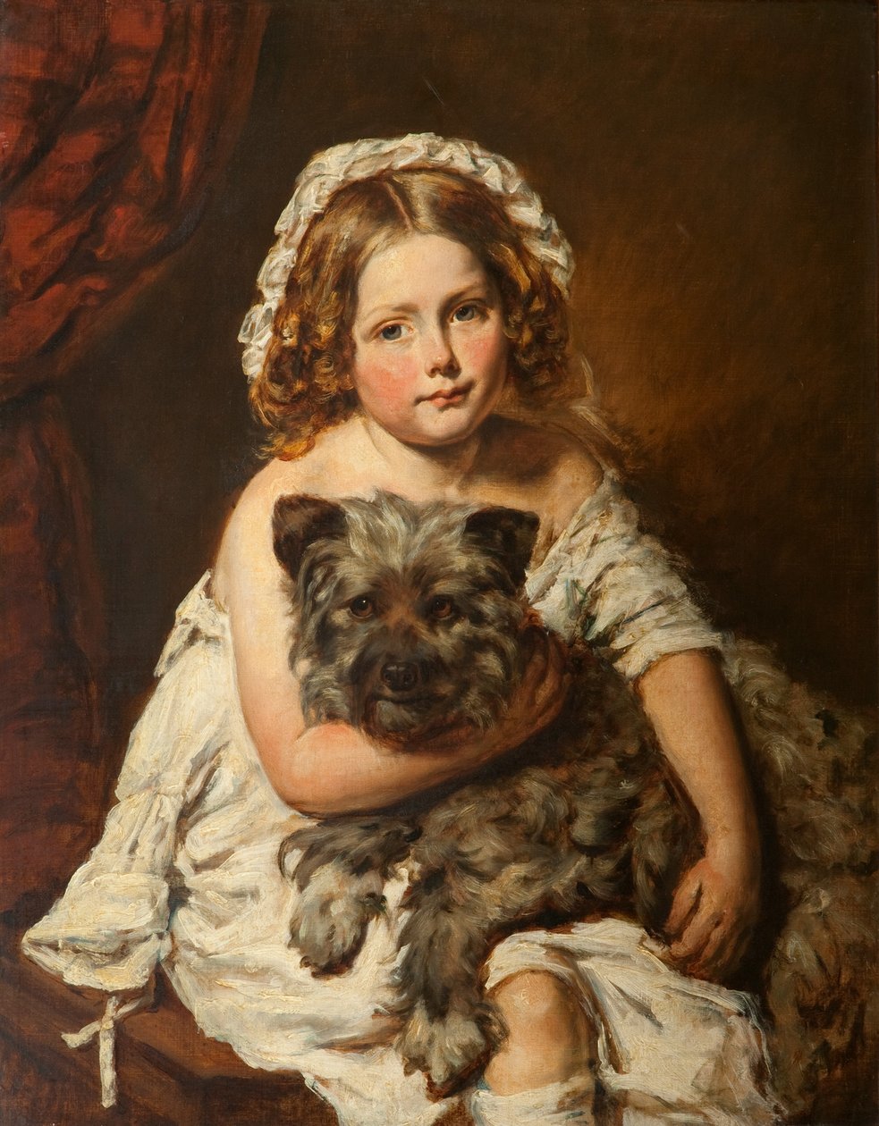 Ung jente med hunden sin (olje) av English School