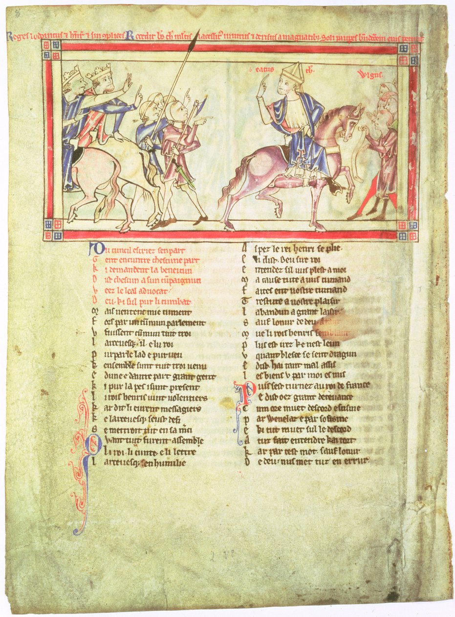 f.2v Thomas a Becket drar fra kong Henry II av England og Louis VII av Frankrike, etter sammenbruddet i forhandlingene ved Montmirail og slutter seg til vanlige folk, fra Becket Leaves, ca. 1220-40 av English School