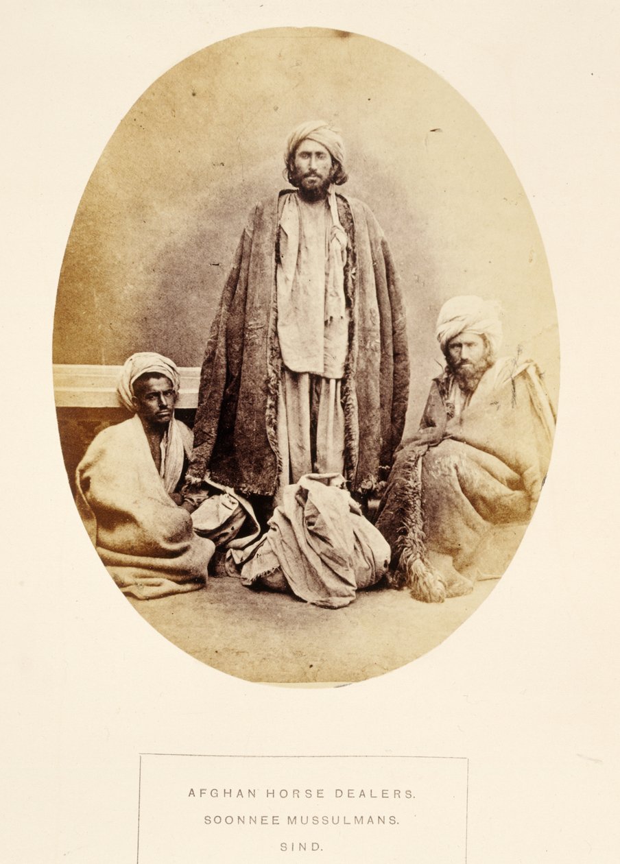 Afghan Horse Dealers, Soonnee Mussulmans, Sind, fra The People of India, av J. Forbes Watson, utgitt 1868 (albumtrykk) av English Photographer