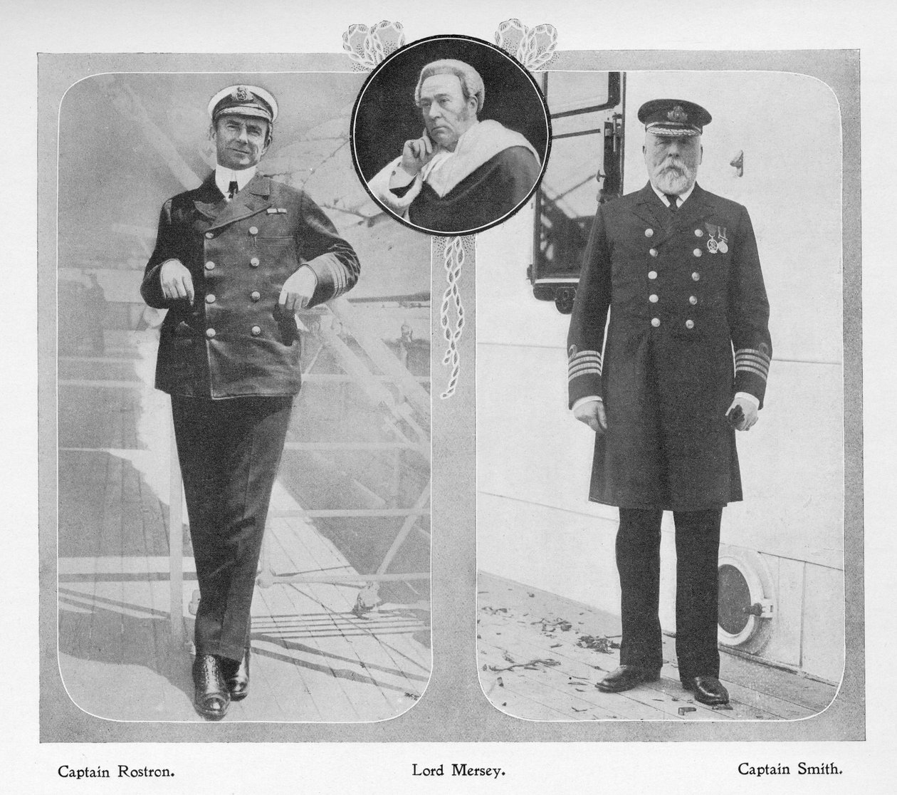 Arthur Henry Rostron, kaptein for RMS Carpathia som reddet Titanic-overlevende (til venstre), Lord Mersey som ledet Titanic Commission of Inquiry (i midten) og Edward John Smith, kaptein for Titanic (til venstre) av English Photographer