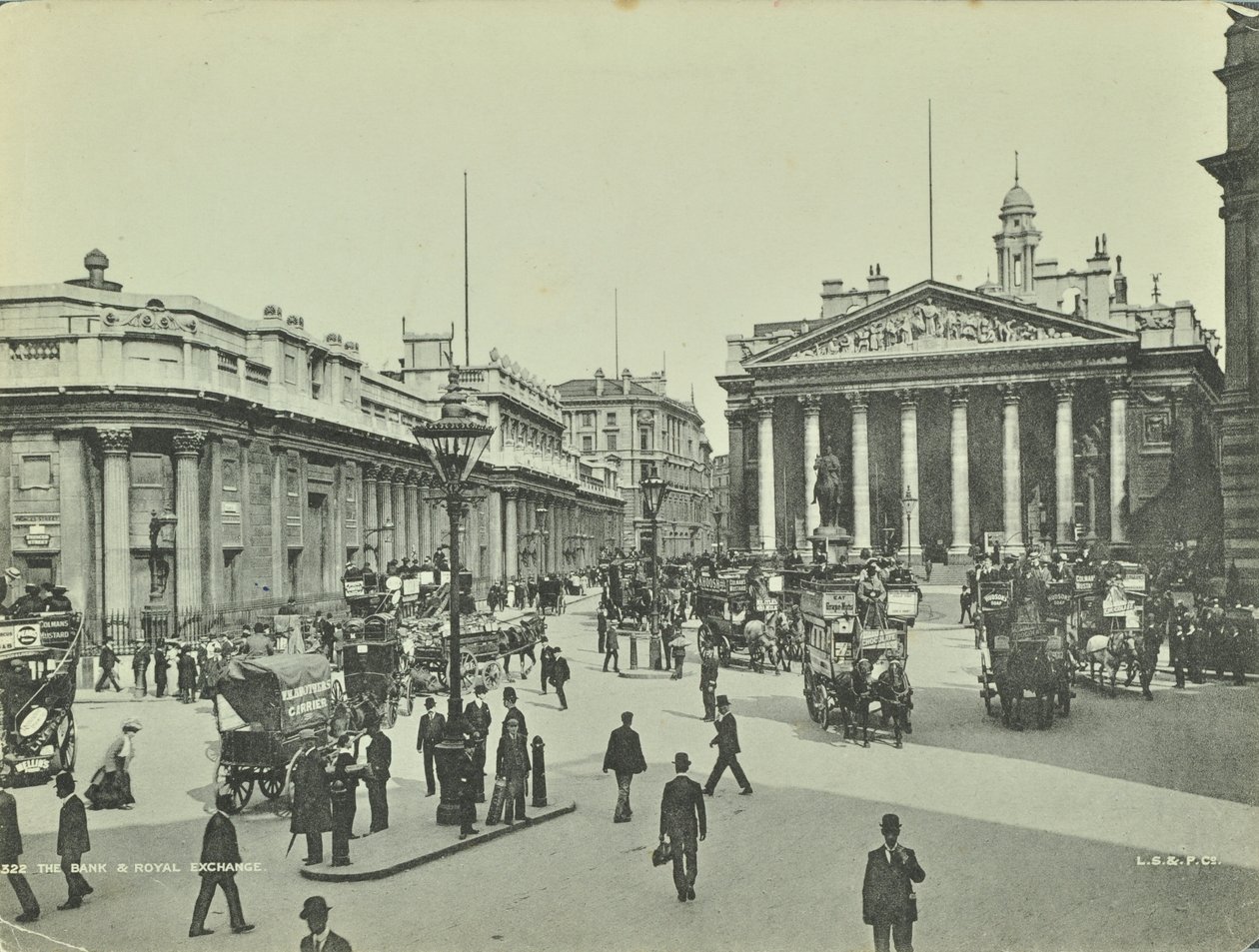 Bank of England og Royal Exchange, Threadneedle Street, City of London, 1890 av English Photographer