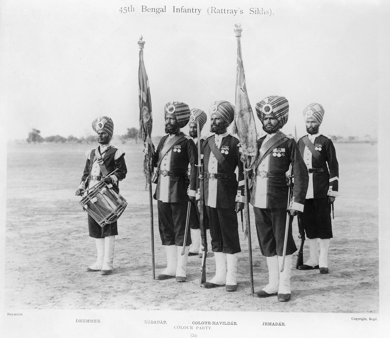 Fargeparti, 45. (Rattrays sikh) regiment av bengalsk infanteri, ca. 1897 (s/hvitt-bilde) av English Photographer