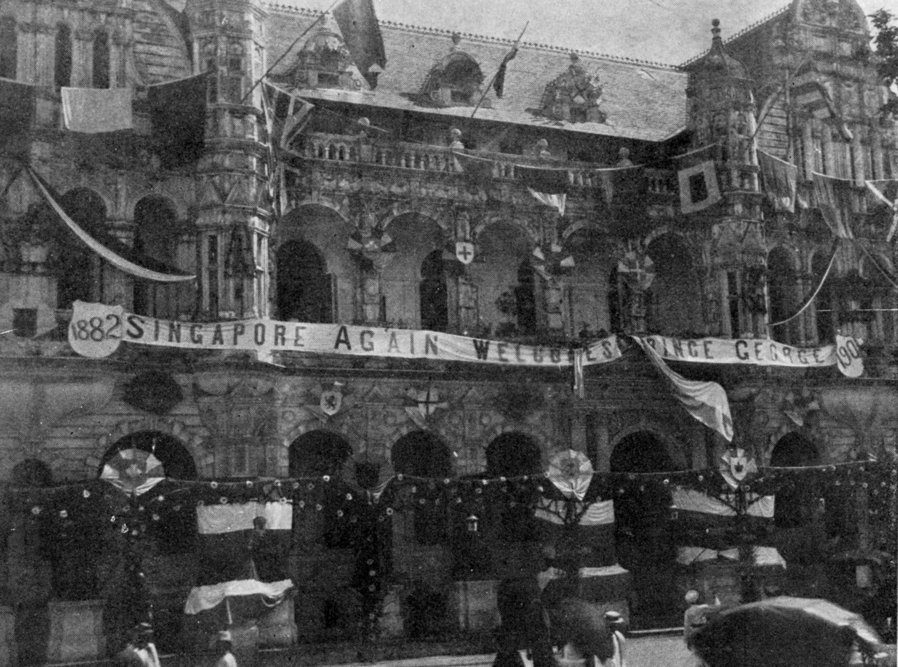 Dekorasjoner på rådhuset, Singapore, illustrasjon fra Kongen, 25. mai 1901 av English Photographer