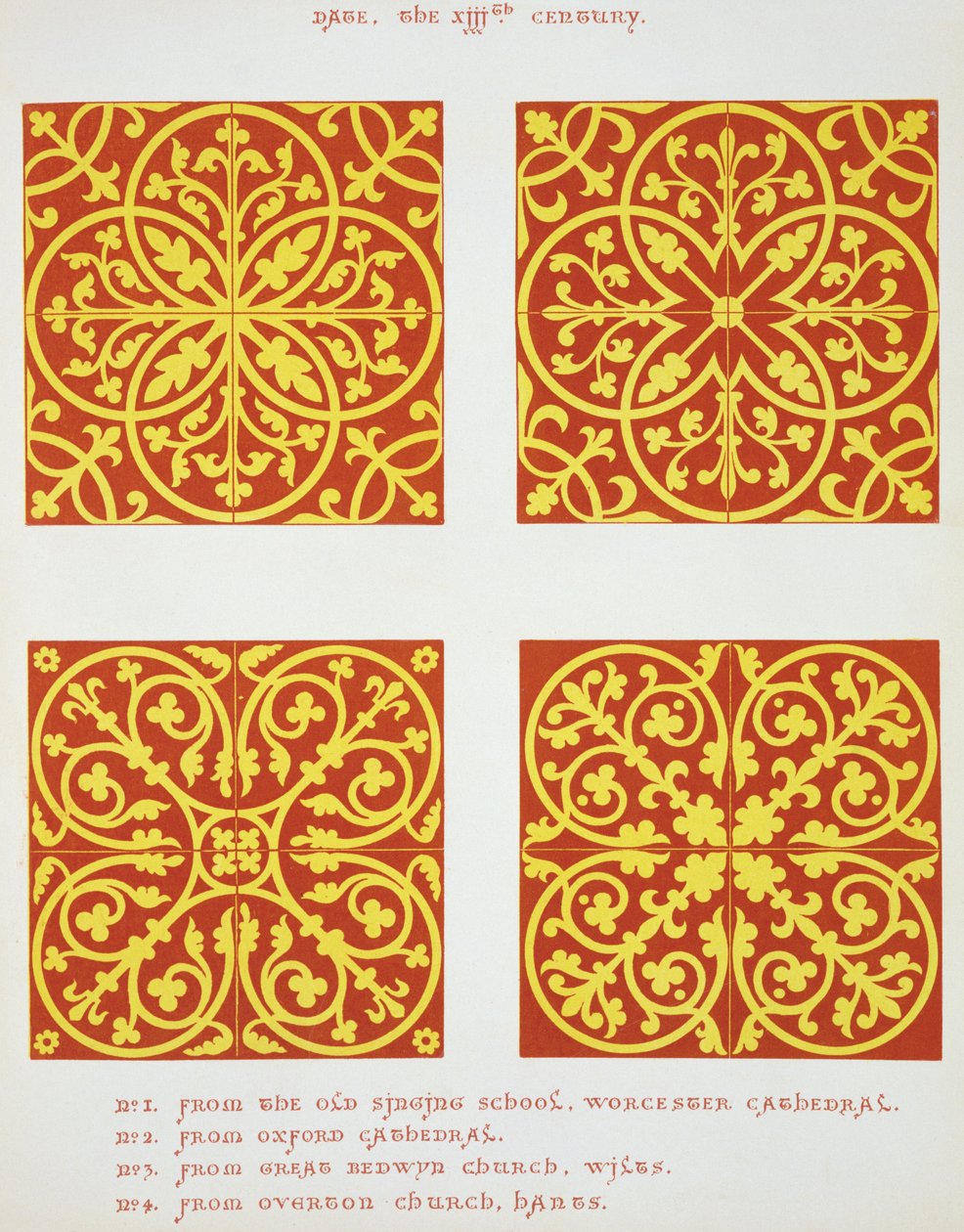 1200-talls flisdesign, illustrasjon fra Specimens of Tile Pavements, tegnet fra eksisterende myndigheter, av Henry Shaw, 1858 av English School