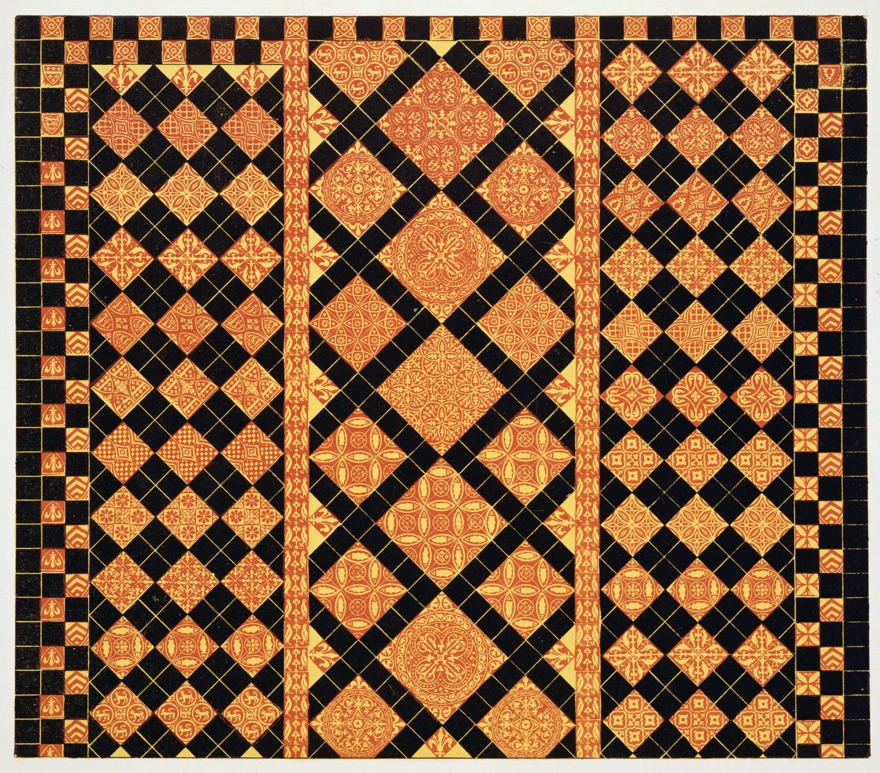 1300-talls fortau fra Worcester Cathedral Choir School, illustrasjon fra Specimens of Tile Pavements, tegnet fra eksisterende myndigheter, av Henry Shaw, 1858 av English School