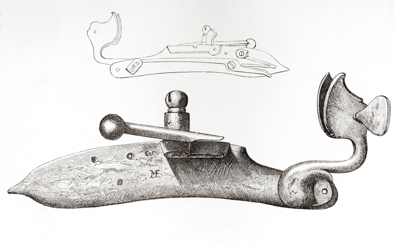 Fyrstikklås fra 1600-tallet. Mekanisme eller lås brukt til å avfyre et håndholdt skytevåpen, fra The British Army: Its Origins, Progress and Equipment, publisert 1868. av English School