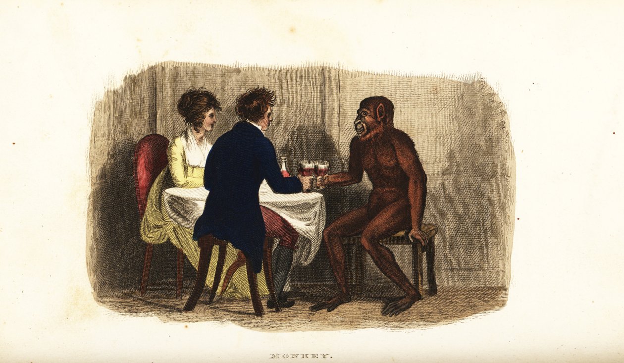 Nederlandsk par fra 1700-tallet som drikker vin med en Bornean-orangutang ved spisebordet av English School