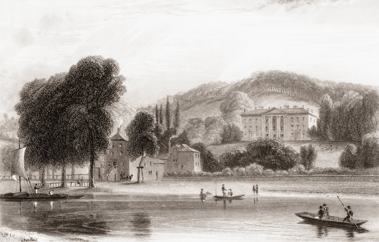 1800-tallsutsikt over Beaumont Lodge, Old Windsor, Berkshire, England. Solgt i 1854 til Society of Jesus og omdøpt til Beaumont College, en jesuitt offentlig skole. Fra Churtons Portrait and Lanscape Gallery, utgitt 1836. av English School