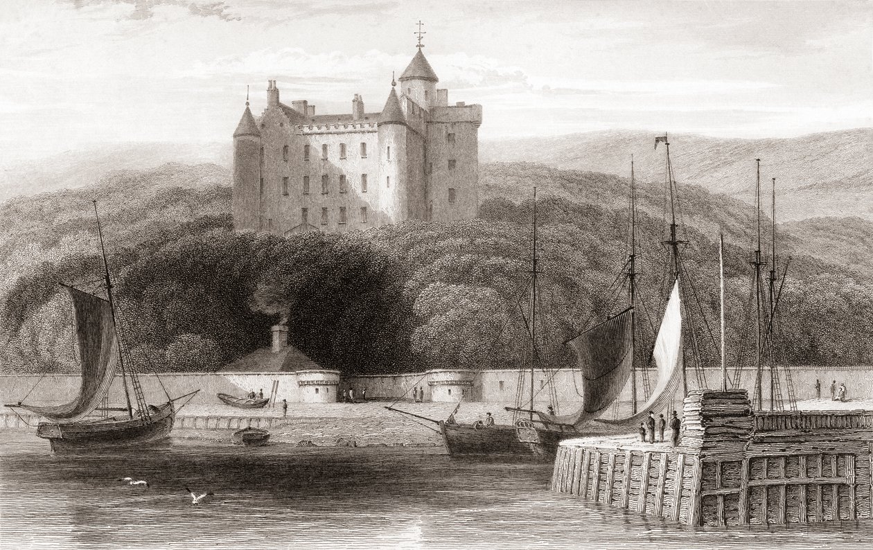 1800-tallsutsikt over Dunrobin Castle, Sutherland, Skottland. Fra Churtons Portrait and Lanscape Gallery, utgitt 1836. av English School