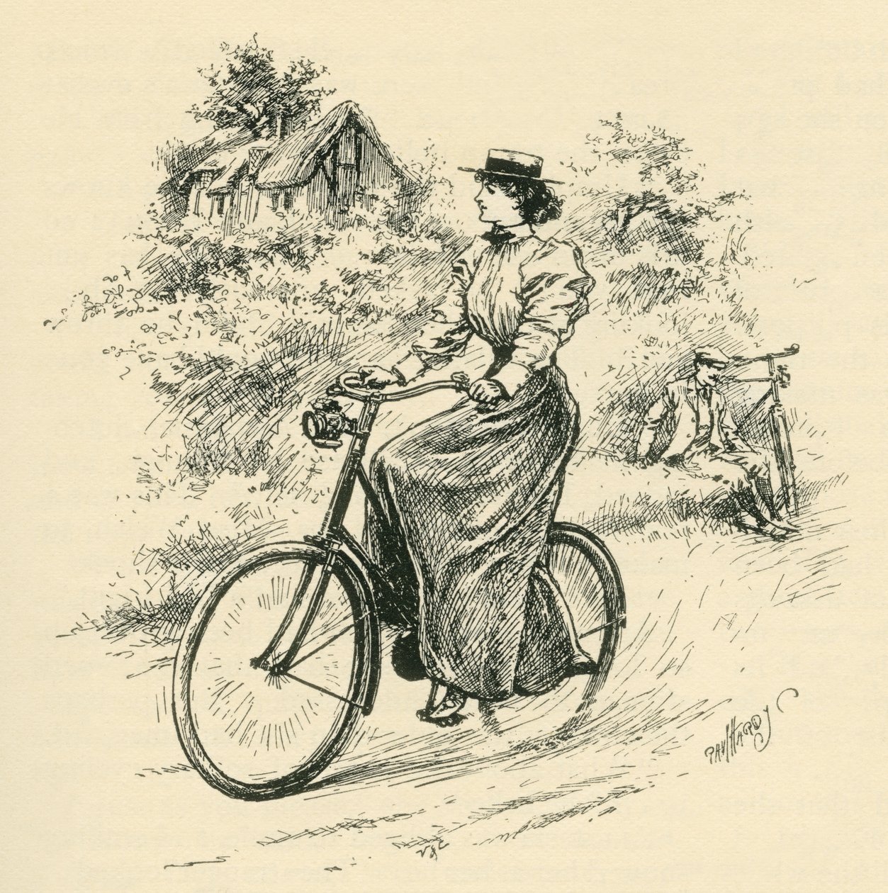 En kvinnelig syklist fra 1800-tallet. Fra The Strand Magazine utgitt 1897. av English School