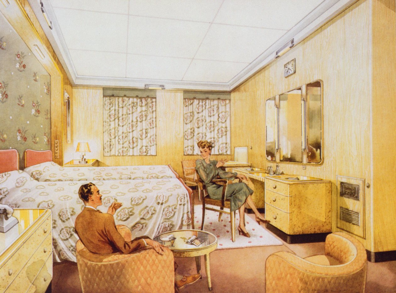 Et soverom ombord på RMS Caronia, ca. 1950 av English School
