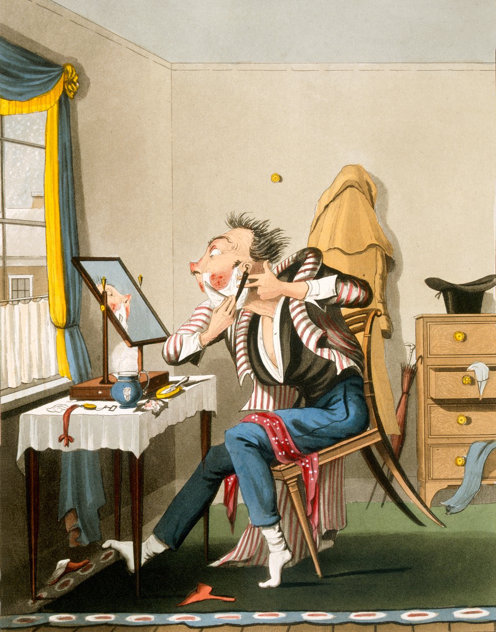 En sløv barberhøvel, pub. av Hunt, 1827 (farget etsning) av English School