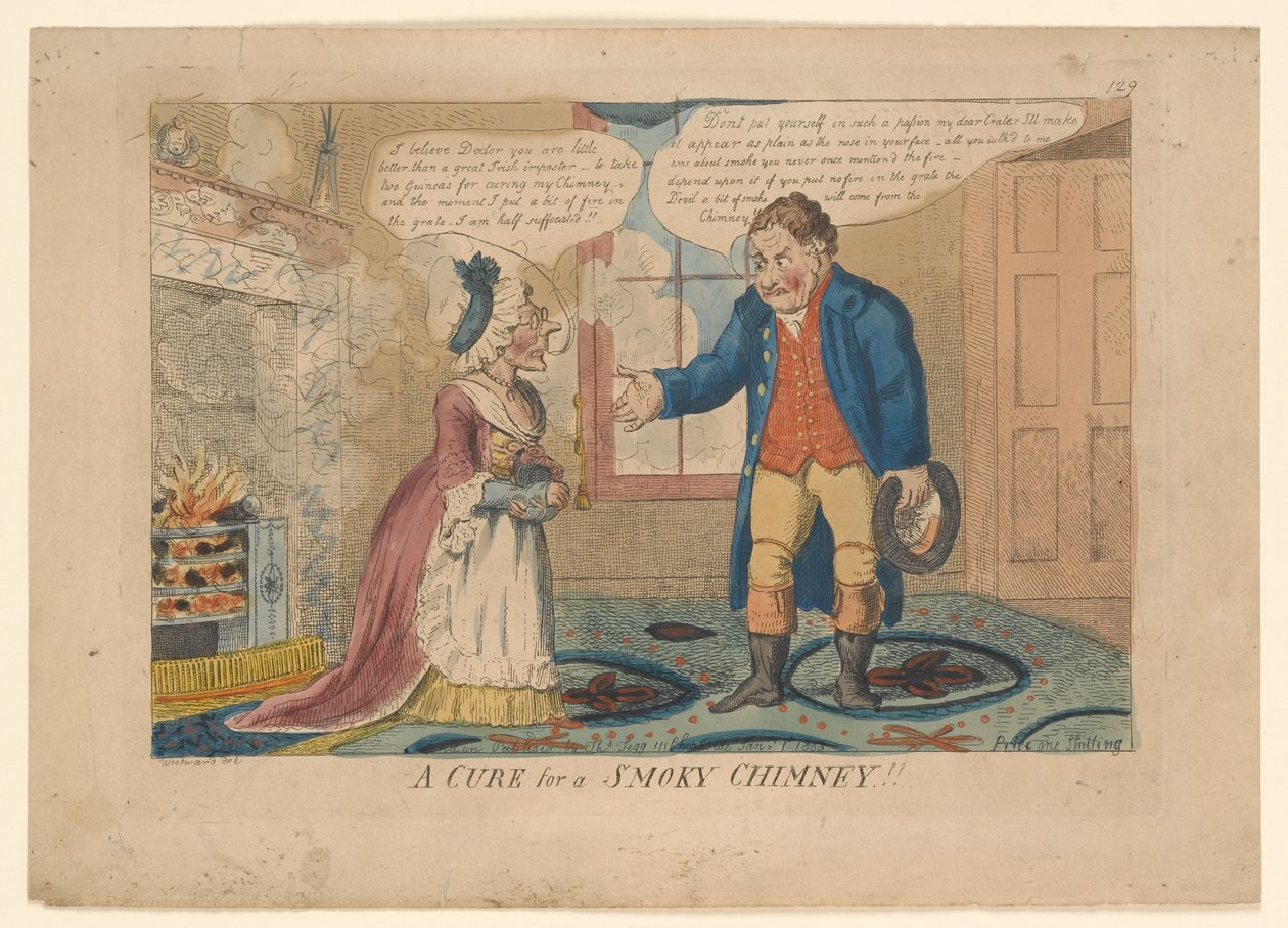 A CURE for a SMOKY CHIMSTEY!!, tegnet av G. M. Woodward, 1808 (håndfarget gravering) av English School